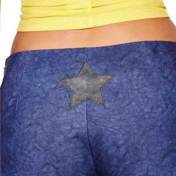 New L.AM.GIA Washed Navy Blue Faux Vegan Leather Stretch Flared Leg Pants - Picture 5 of 10